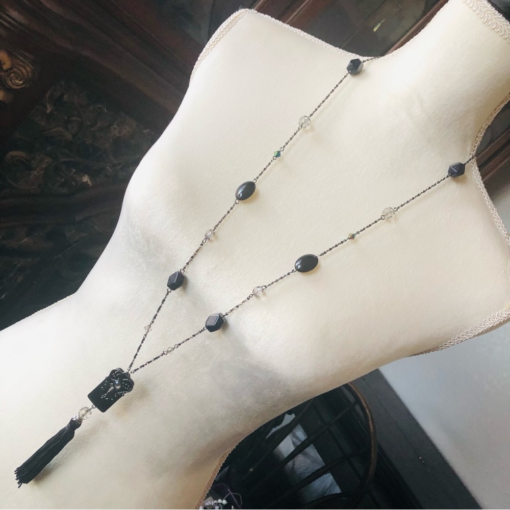 Vintage 90s black chrome beaded chain tassel pendant necklace